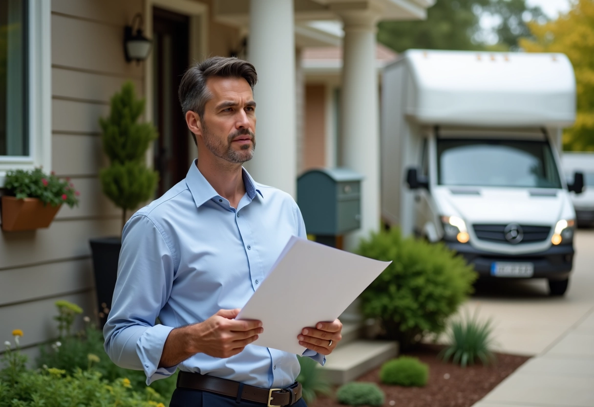 Homme vérifiant un courrier devant une maison de banlieue