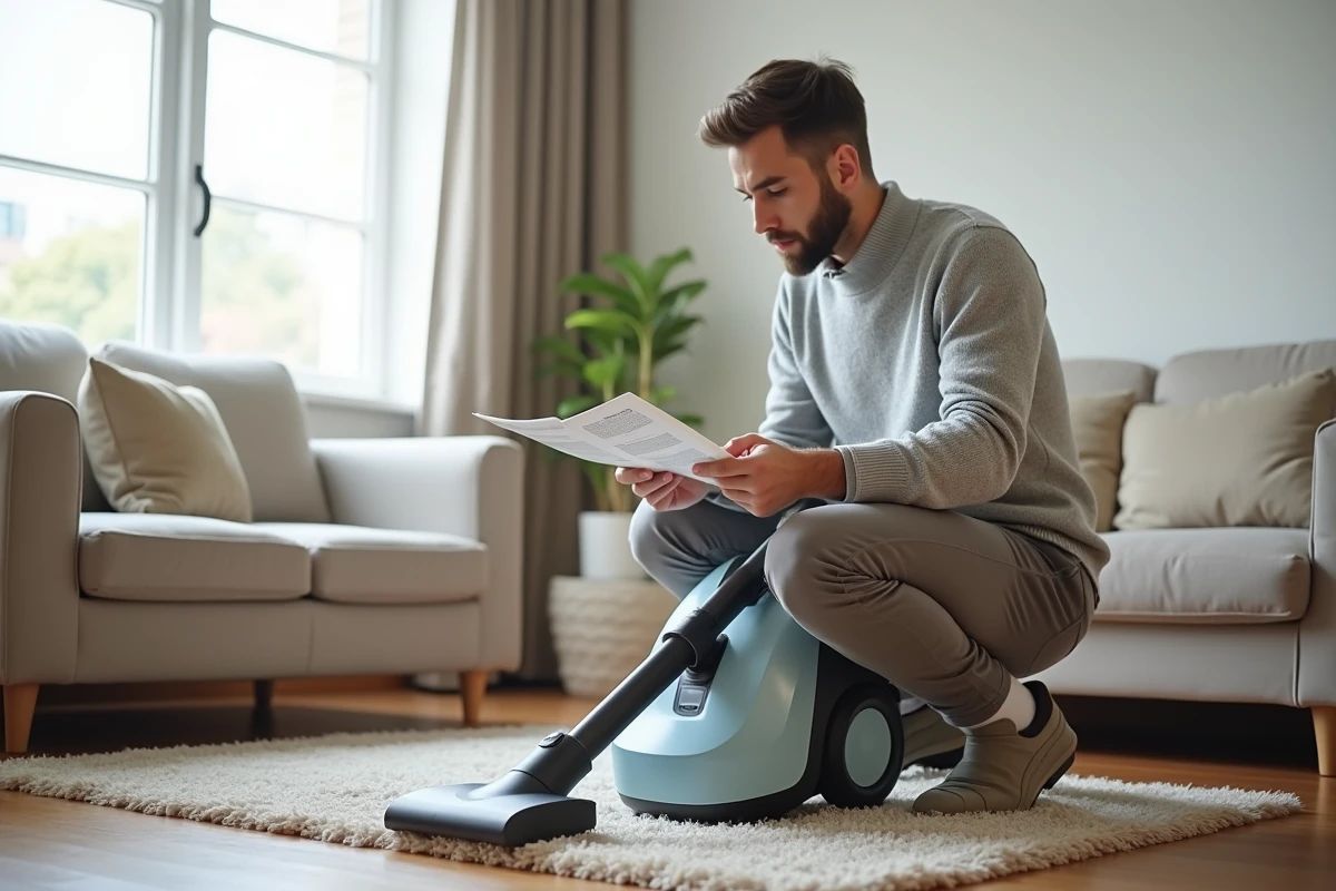 Jeune homme consulte un manuel pour remplir un aspirateur vapeur