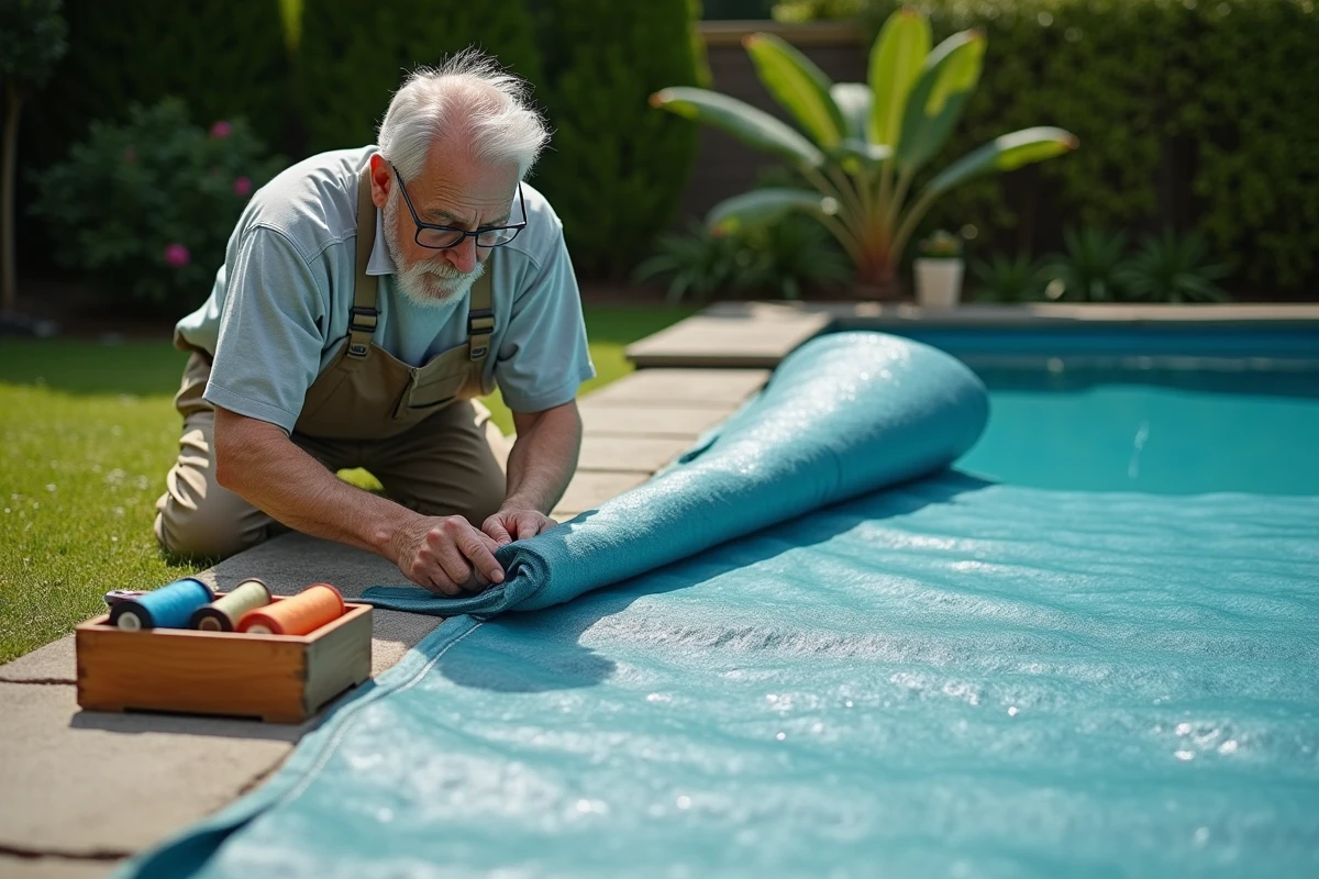Homme âgé réparant une couverture de piscine en extérieur