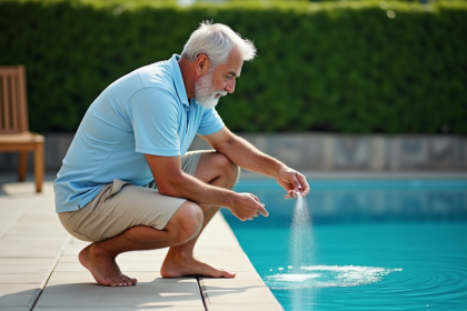 Homme d'âge moyen versant du sel dans une piscine extérieure