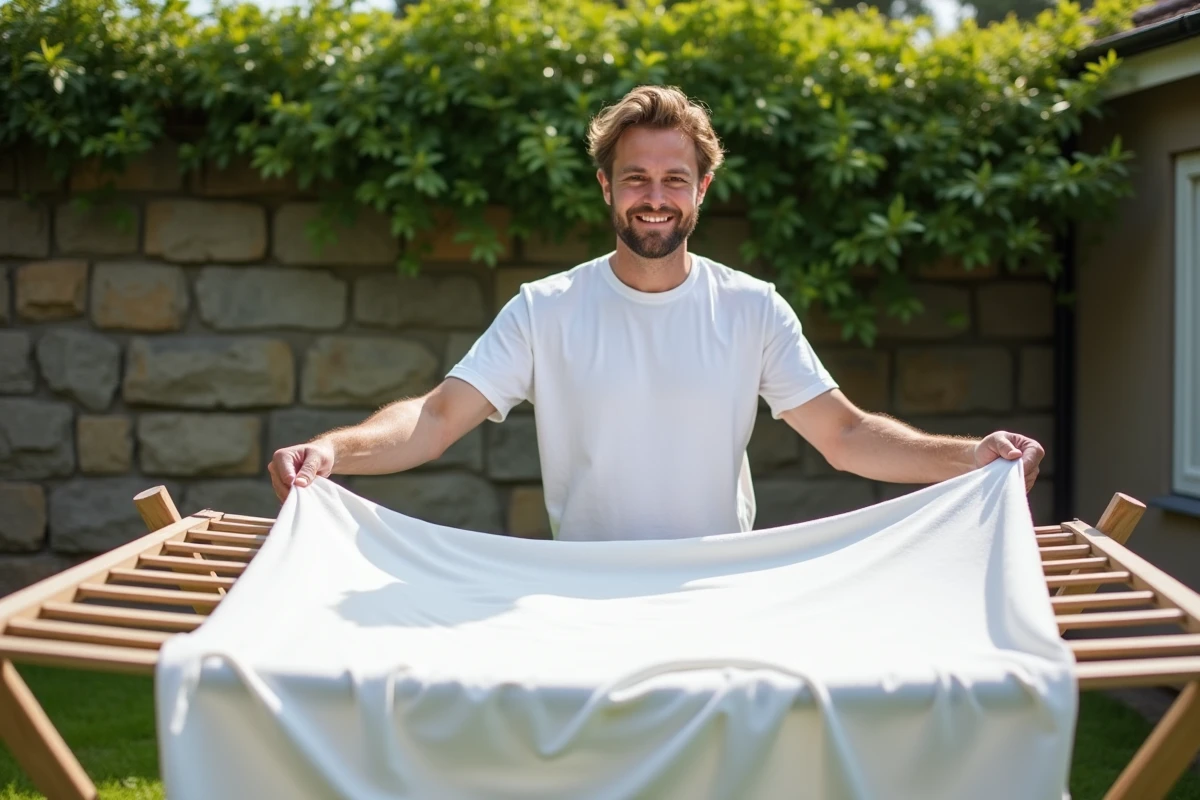 Jeune homme &eacute;tendant une drap blanc au soleil