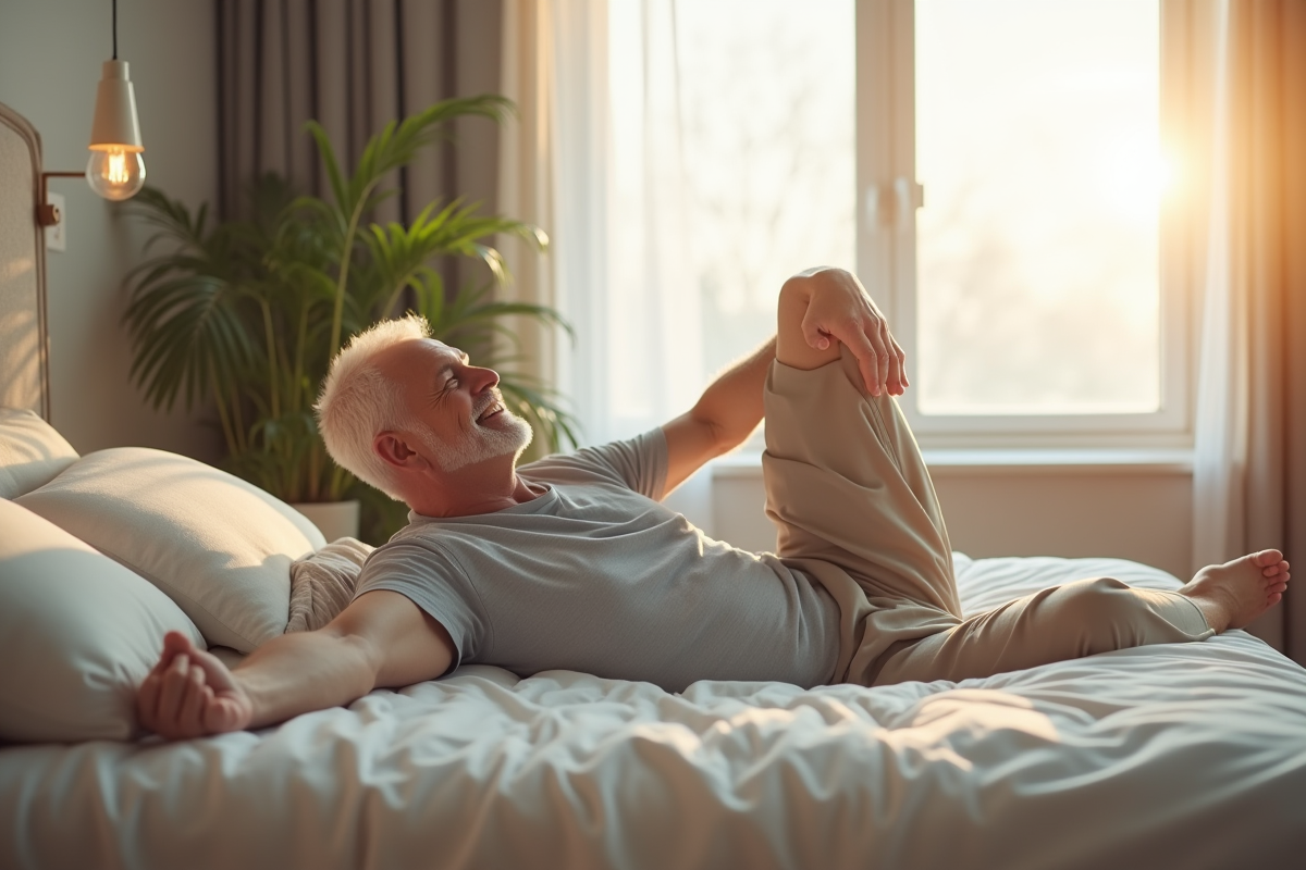 Homme souriant s'étirant sur un matelas confortable dans une chambre lumineuse