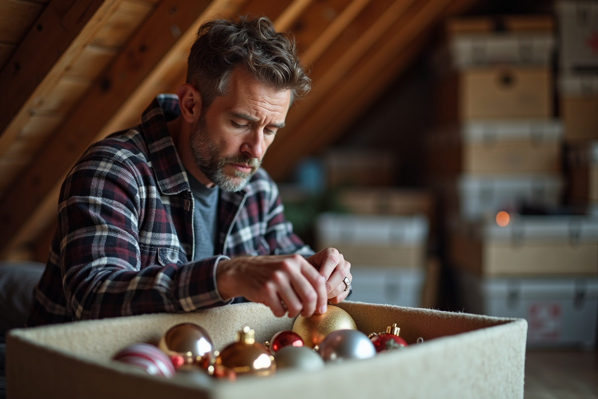 Homme moyen âge rangeant des boules de Noël dans une attic
