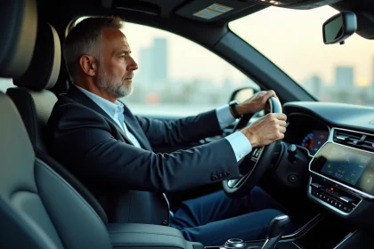 Homme d'&acirc;ge moyen dans un SUV moderne au volant
