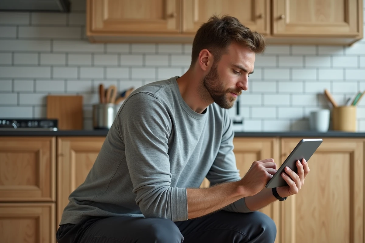 Homme consultant un tutoriel sur tablette pour réaliser de petits travaux dans sa cuisine