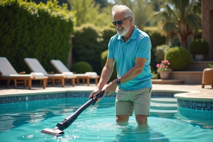 Homme en polo nettoyant une piscine extérieure