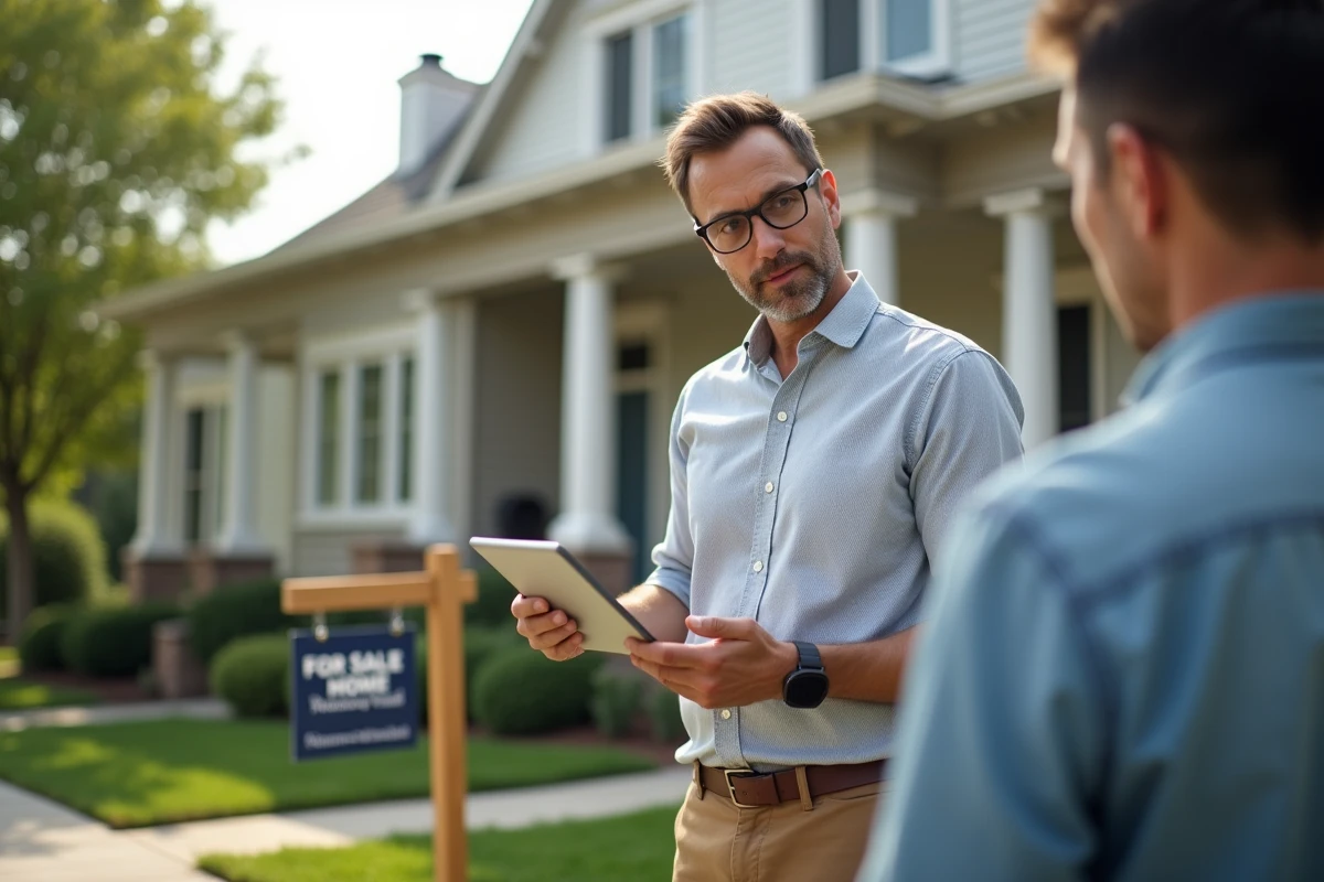 Homme en extérieur discute avec acheteur devant maison