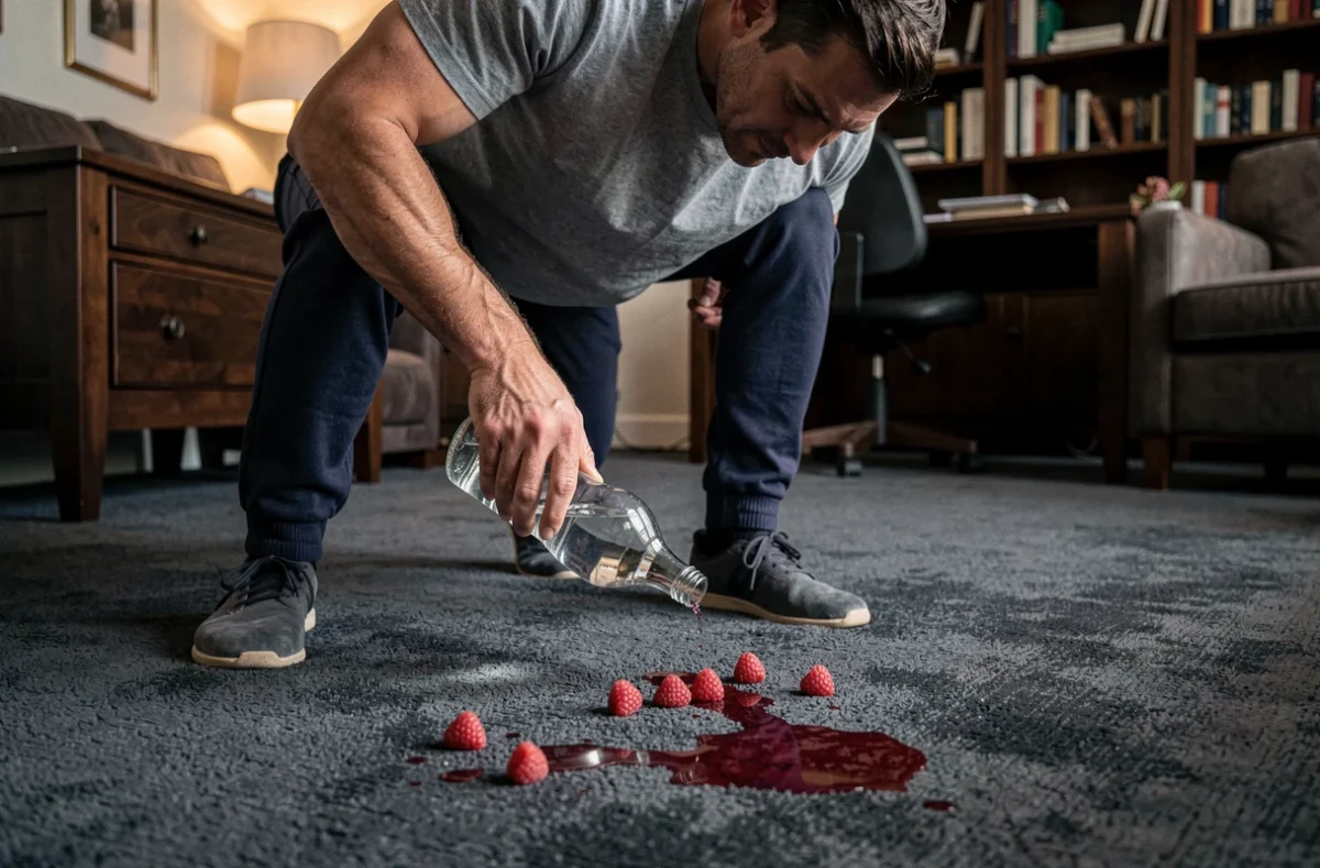 Homme versant du vinaigre blanc sur une tache de framboise sur une moquette grise dans un bureau à domicile