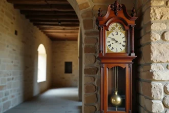 Horloge comtoise ancienne en chêne sculpté avec cadran émaillé peint à la main, dans un intérieur rustique en pierre apparente