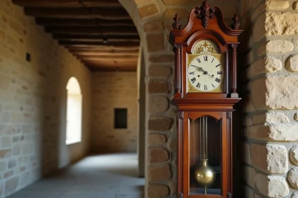Horloge comtoise ancienne en chêne sculpté avec cadran émaillé peint à la main, dans un intérieur rustique en pierre apparente