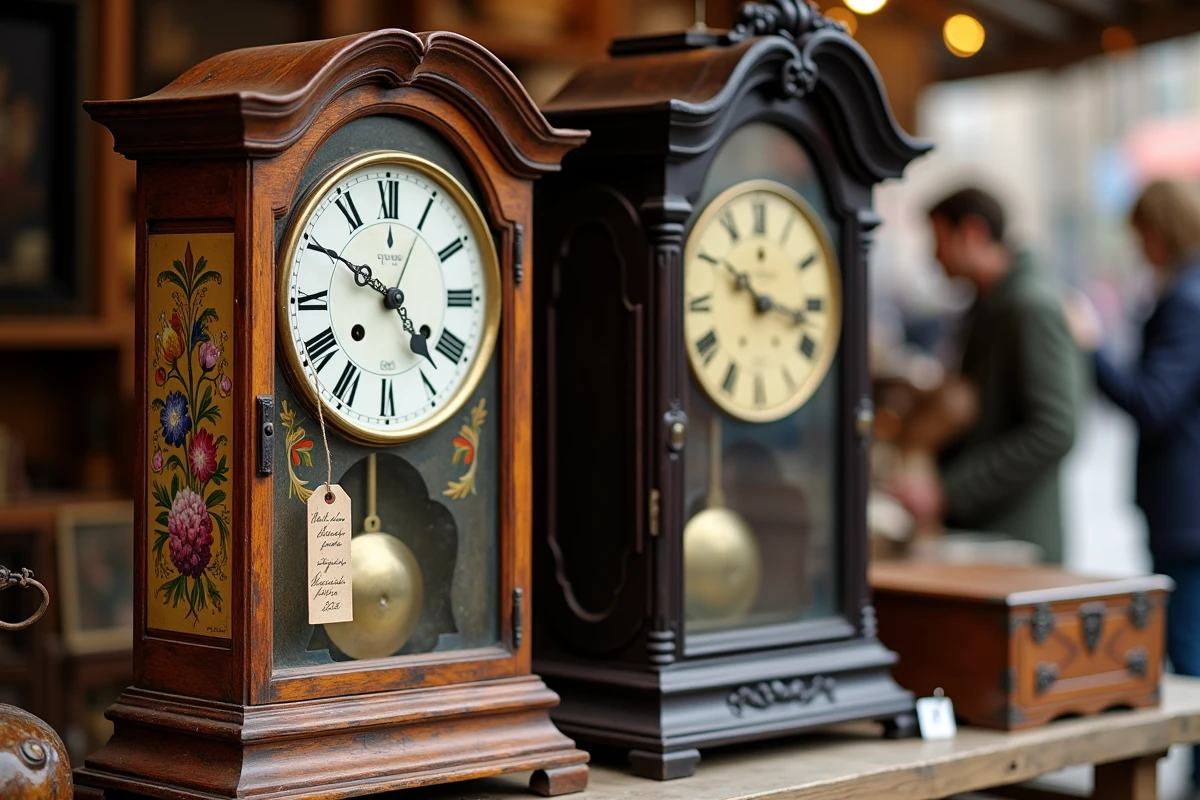 Deux horloges comtoises exposées à vendre dans un marché aux puces, avec des couples d'acheteurs les examinant