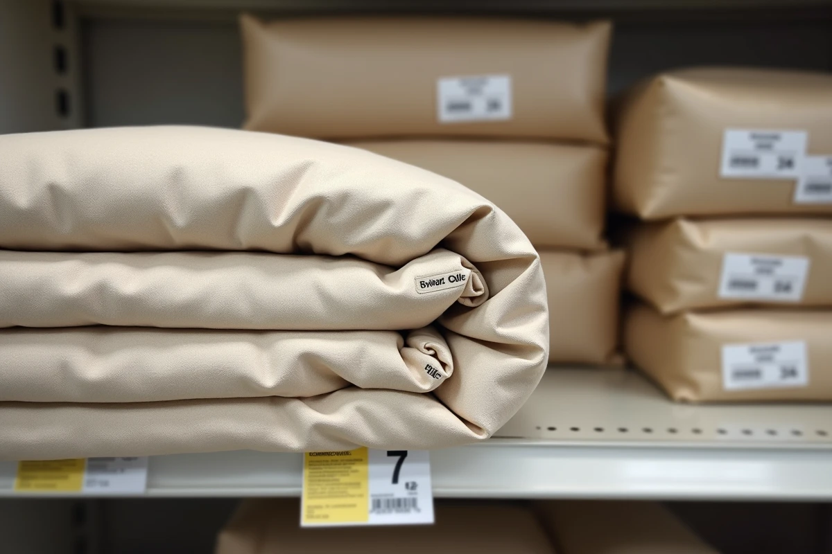 Détail d'une housse de canapé d'angle en rayon de magasin discount avec étiquette de prix