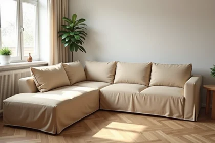 Housse de canapé d'angle beige bien ajustée sur un grand sofa en L dans un salon modeste et cosy