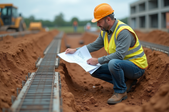 Ingénieur civil en chantier examinant les fondations