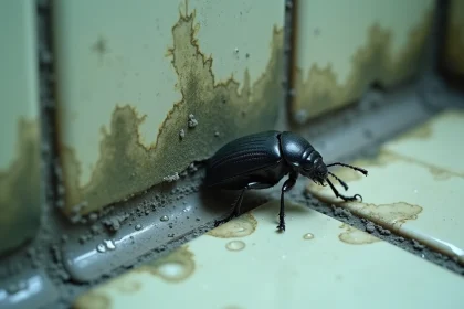 Insecte noir sur joint de carrelage humide recouvert de moisissures dans une salle de bain négligée