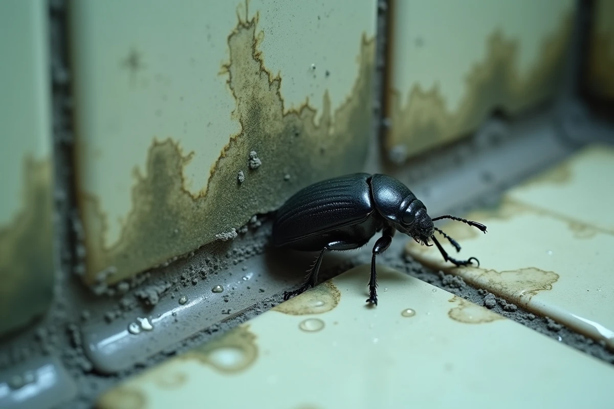 Insecte noir sur joint de carrelage humide recouvert de moisissures dans une salle de bain négligée