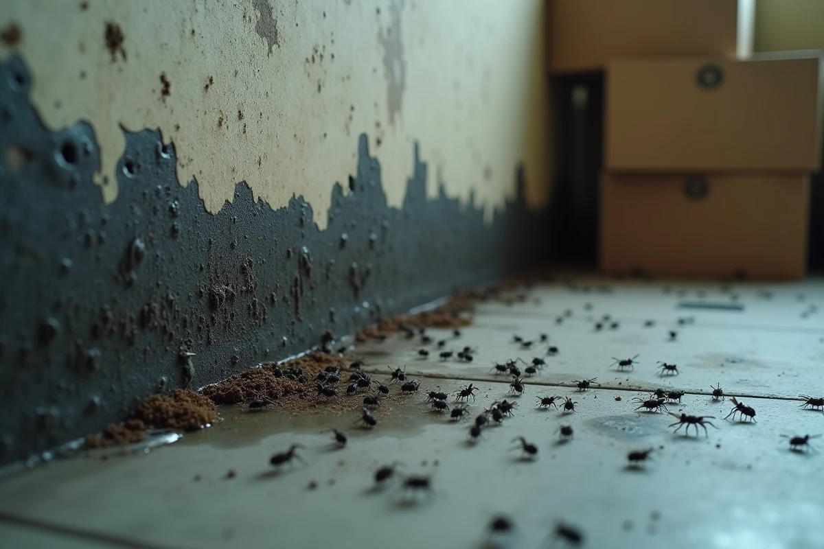 Colonie d'insectes noirs près de moisissures noires sur un mur de sous-sol humide en béton