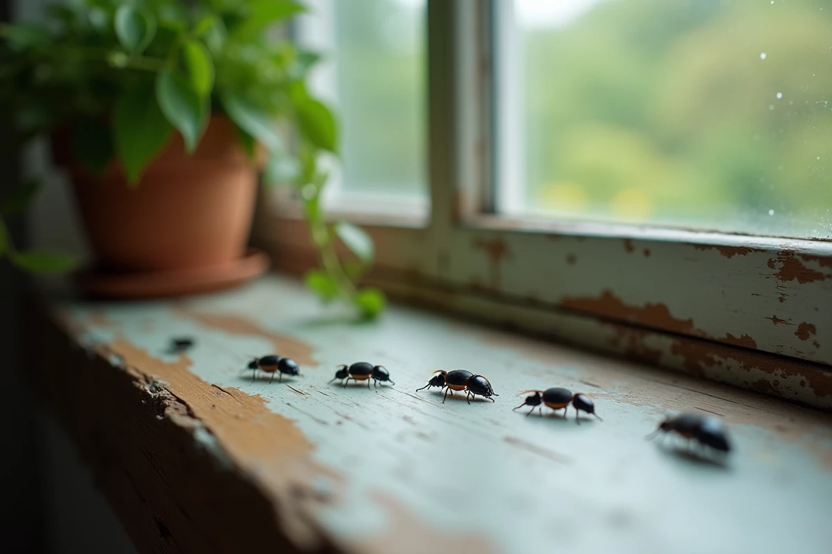 Insectes noirs sur le rebord de fenêtre en bois dans un salon