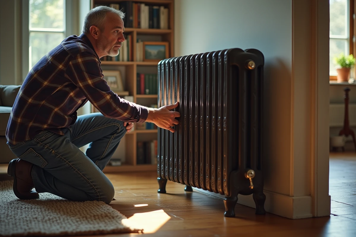 Homme moyenâgeux inspectant un radiateur en fonte vintage
