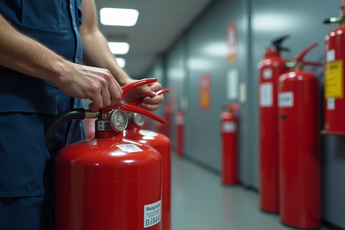 Inspecteur vérifiant une bouteille de feu en bureau