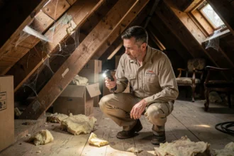 Professionnel agréé en tenue de travail inspectant les traces de fouine dans les combles d'une maison