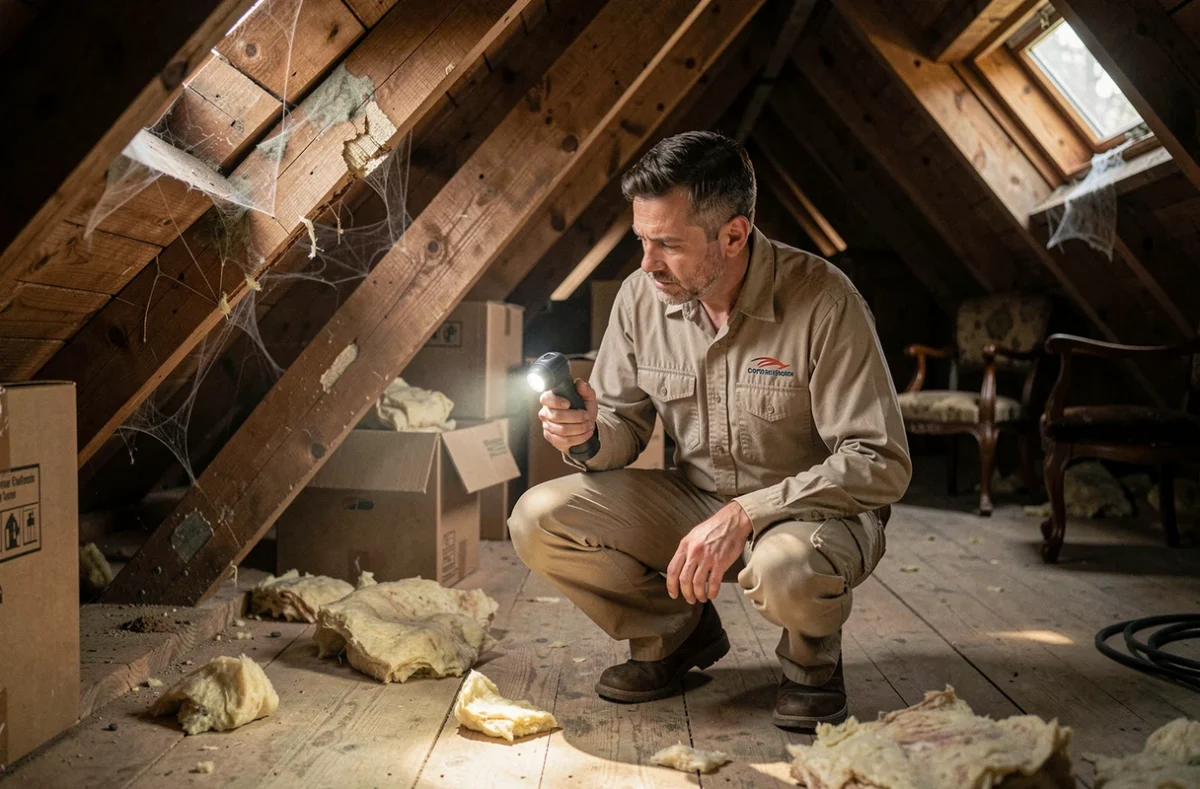 Professionnel agréé en tenue de travail inspectant les traces de fouine dans les combles d'une maison