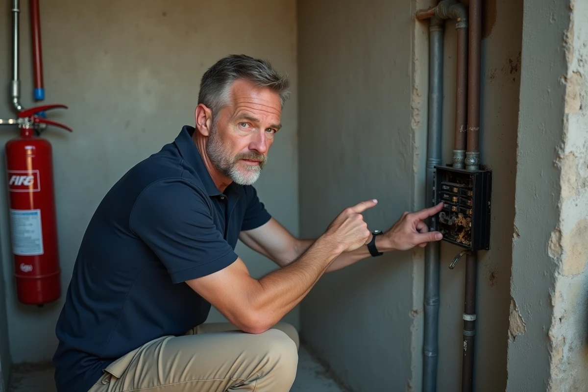 Homme inspectant un tableau électrique endommagé avec un extincteur mural en arrière-plan dans une pièce technique résidentielle