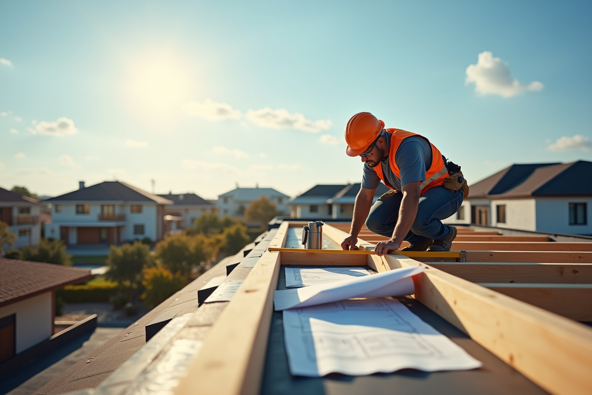 Ouvrier vérifiant la charpente d une maison moderne en plein jour
