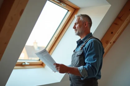 Homme en v&ecirc;tements d&eacute;contract&eacute;s pr&egrave;s d'une fen&ecirc;tre de toit neuve