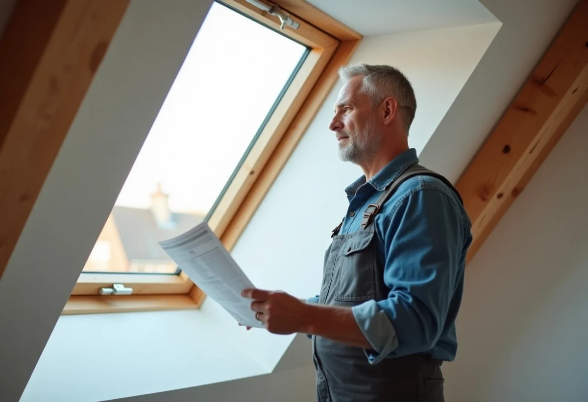 Homme en vêtements décontractés près d'une fenêtre de toit neuve