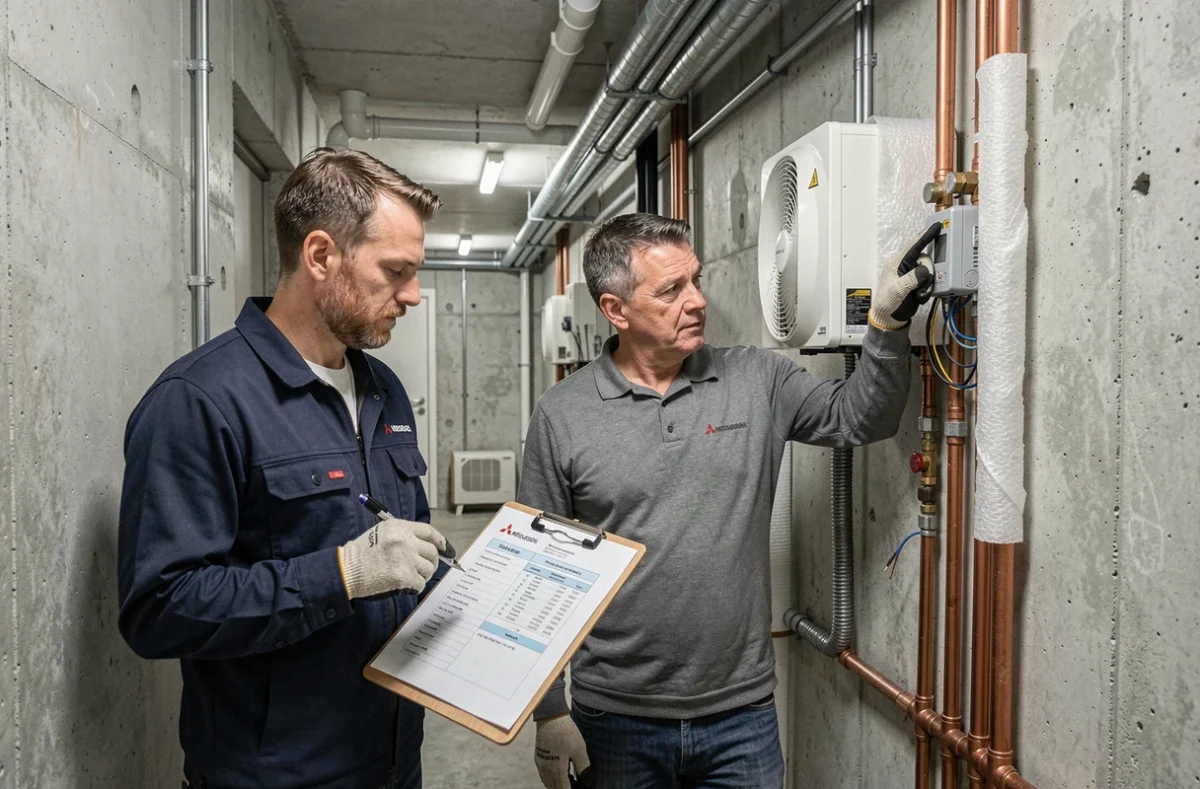Deux installateurs professionnels consultant les documents techniques d'une pompe à chaleur Mitsubishi lors d'un chantier