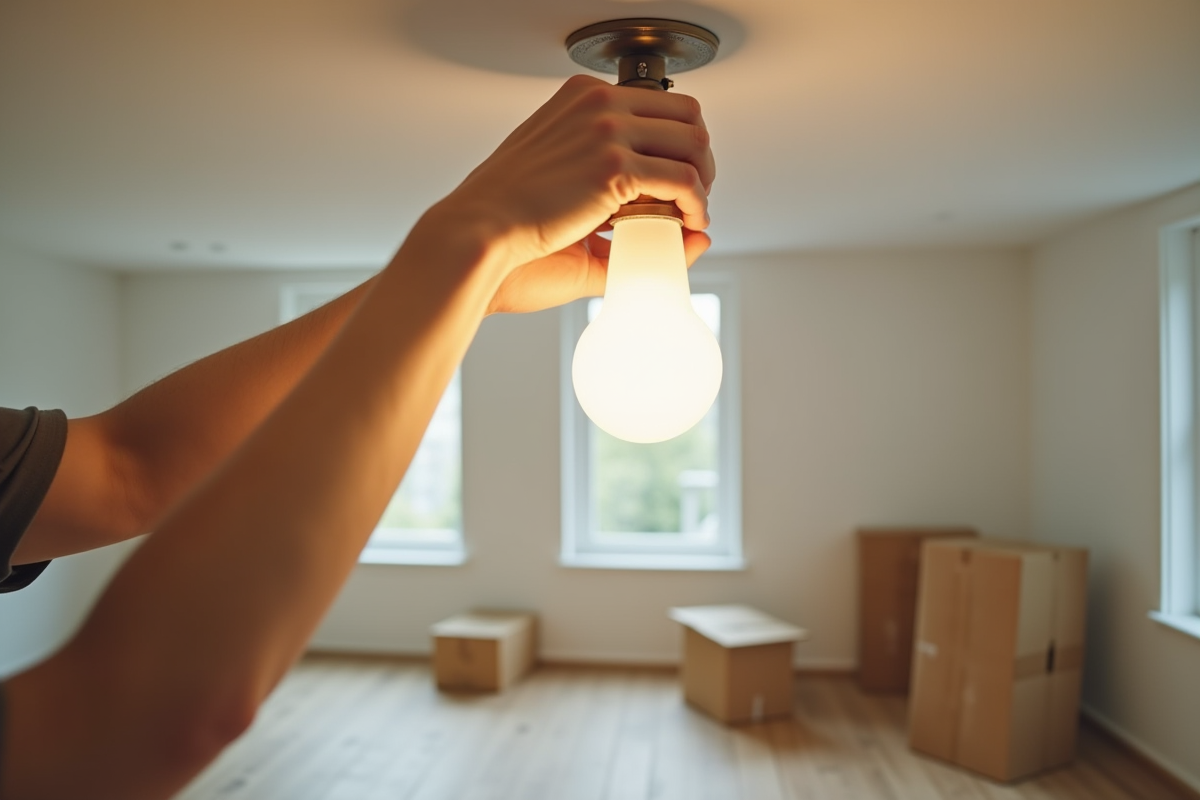 Mains installant une ampoule dans un plafond dans une pièce vide