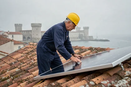 Installateur posant un panneau solaire sur un toit à La Rochelle avec vue sur le vieux port
