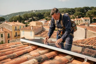 Technicien installant des panneaux solaires sur un toit en tuiles à Toulon avec vue sur les collines méditerranéennes