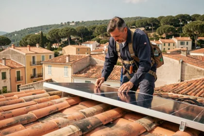 Technicien installant des panneaux solaires sur un toit en tuiles à Toulon avec vue sur les collines méditerranéennes