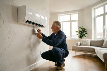 Technicien HVAC installant une pompe à chaleur Mitsubishi air-air dans un salon contemporain