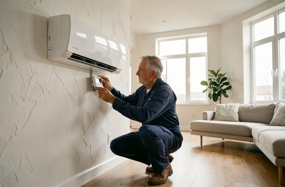 Technicien HVAC installant une pompe à chaleur Mitsubishi air-air dans un salon contemporain