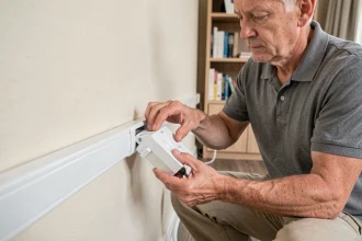 Électricien installant une prise électrique dans une goulotte PVC blanche fixée sur un mur intérieur d'un logement rénové