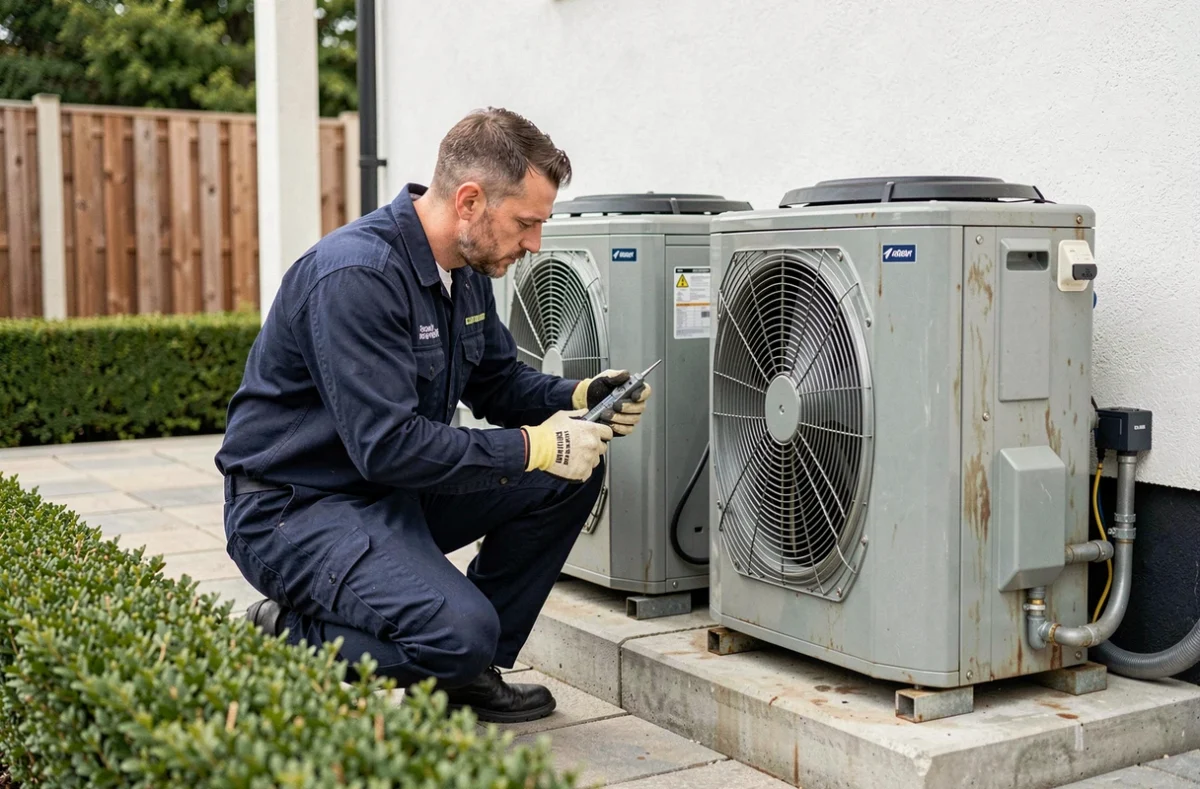 Technicien vérifiant les unités extérieures d'une pompe à chaleur air-air multisplit installée en façade de maison
