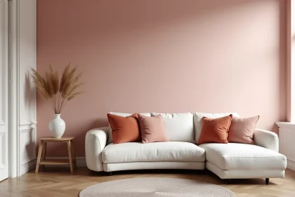 Salon moderne avec mur rose poudré en accent, canapé en lin beige et accessoires en céramique pour une déco élégante et non kitsch