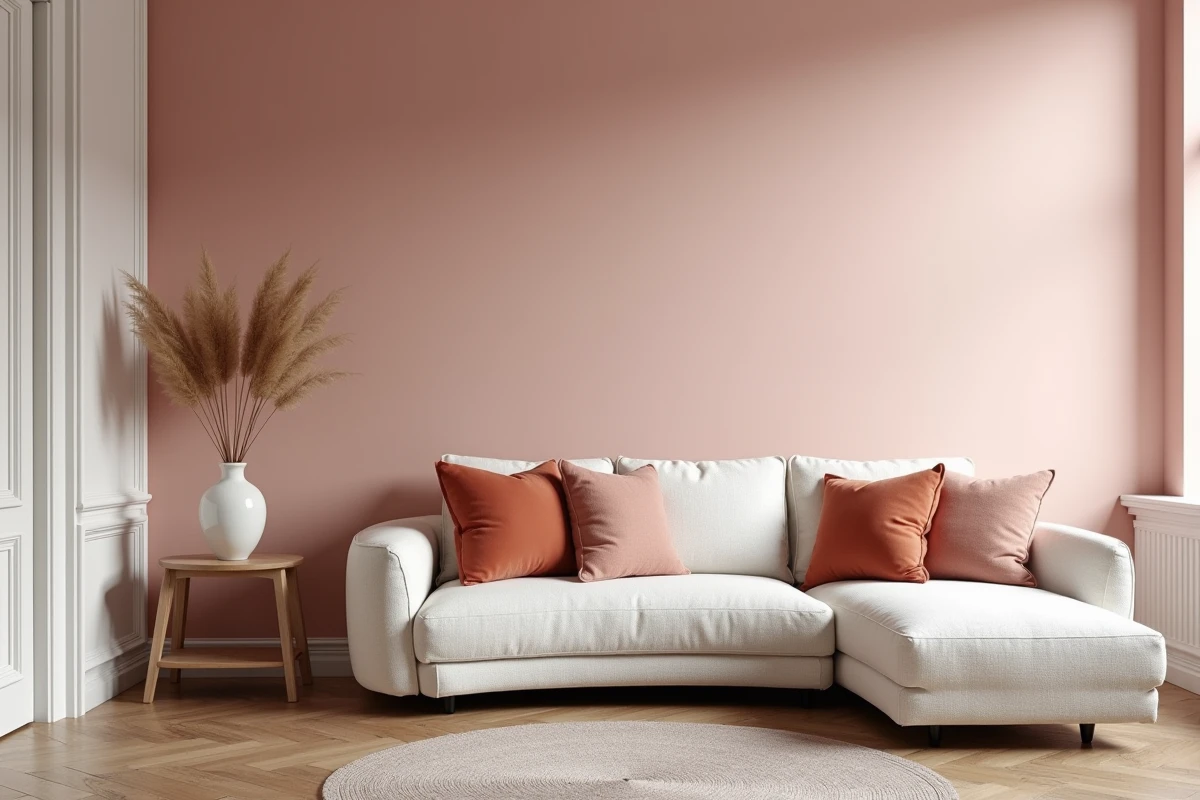 Salon moderne avec mur rose poudré en accent, canapé en lin beige et accessoires en céramique pour une déco élégante et non kitsch