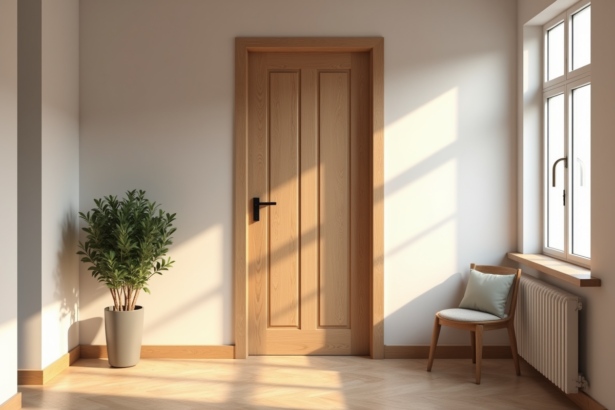 Intérieur cosy avec porte en bois remplacée par un mur peint