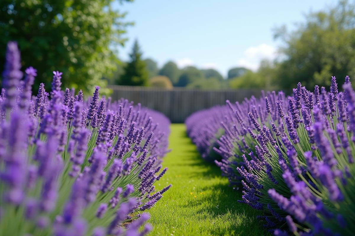 Jardin de lavande en fleurs sous le soleil avec clôture en bois