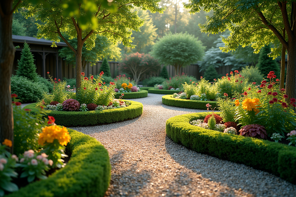Jardin luxuriant avec parterres courbes et plantes colorées