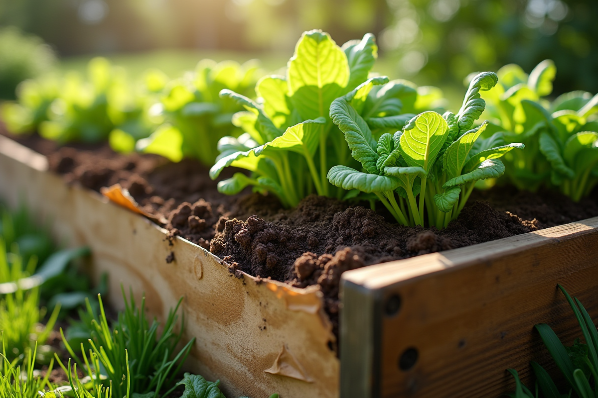 Jardin de légumes avec terre et plantes vertes ensoleillées