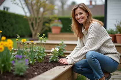 Femme d'&acirc;ge moyen plantant des fleurs dans son jardin