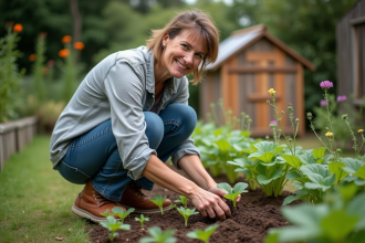 Femme en jardinage plantant des jeunes plants dans un potager