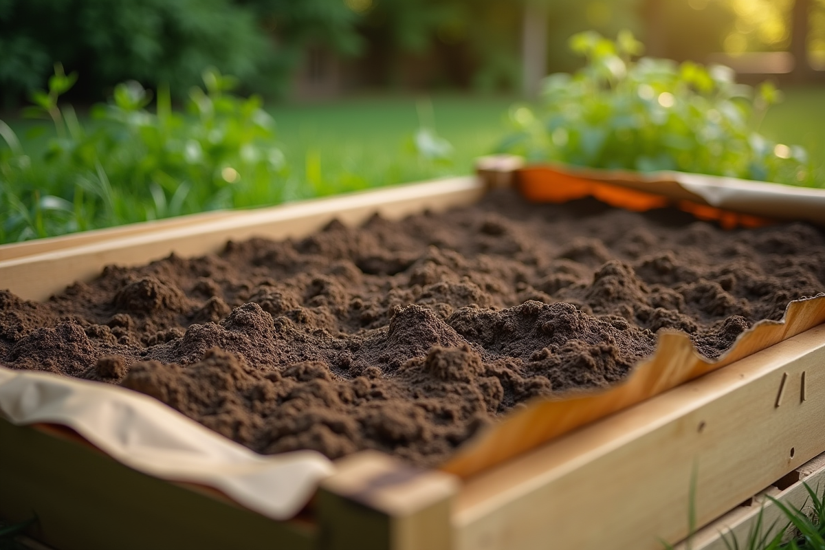 Préparation d'un lit de jardin surélevé avec carton et terre