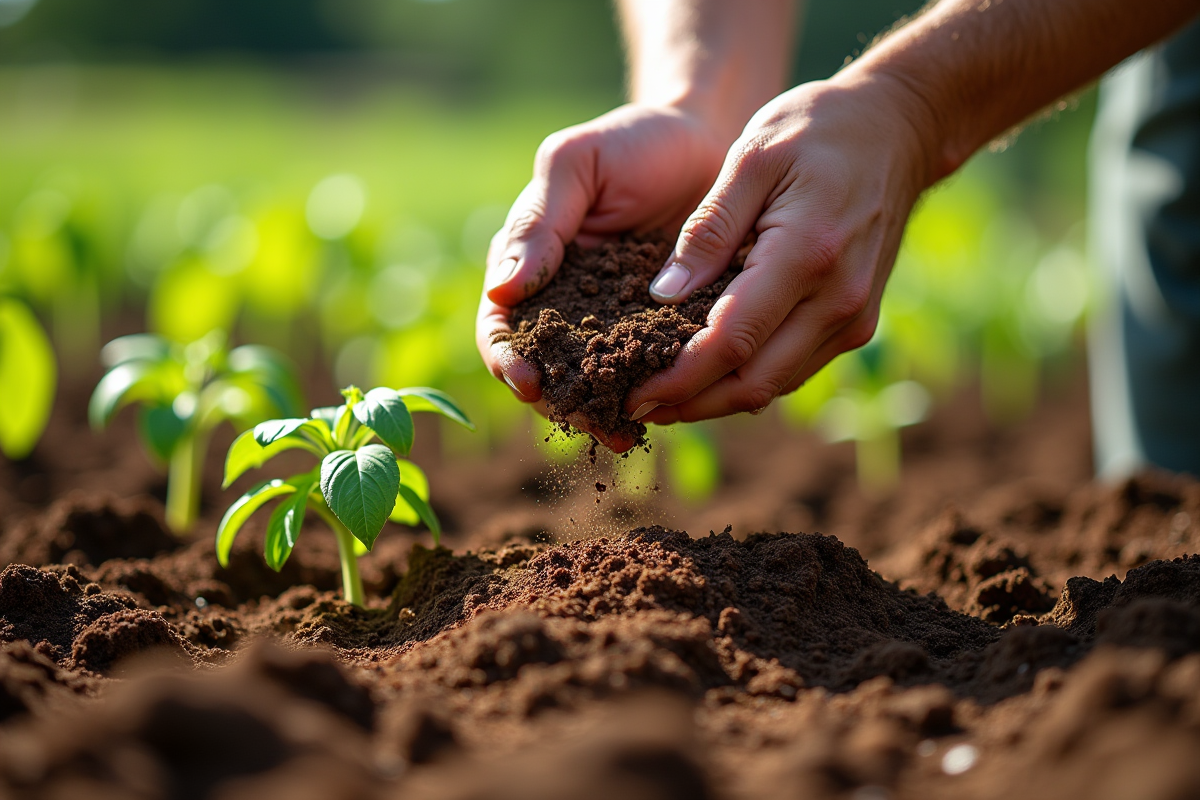 Jardinier saupoudrant compost organique sur sol riche en jardin