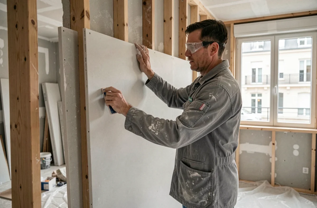 Menuisier plaquiste de JBD à Reims posant des plaques de plâtre sur une ossature bois lors d'une rénovation intérieure